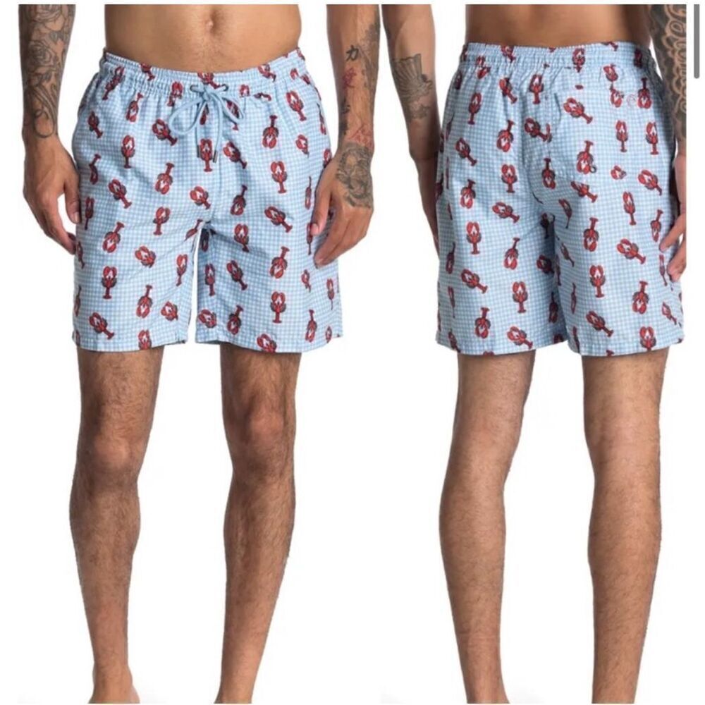 Mr. Swim Mens Large Lobster Print Gingham Swim Trunk Lined Blue vacation beach